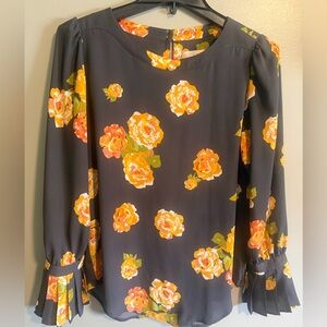 LOFT Gray Yellow Floral Print Long Pleated sleeves Blouse size XS